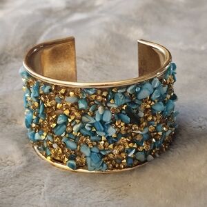 Wide Boho Turquoise & Gold Crystal Mosaic Cuff Bracelet